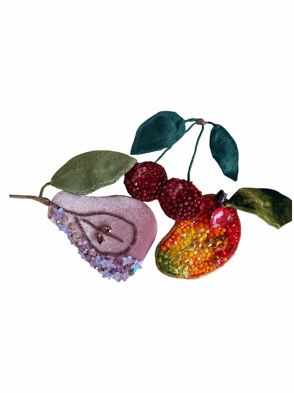 Embellished Fruit Brooch Trio in Red, Pink, Orange, Green